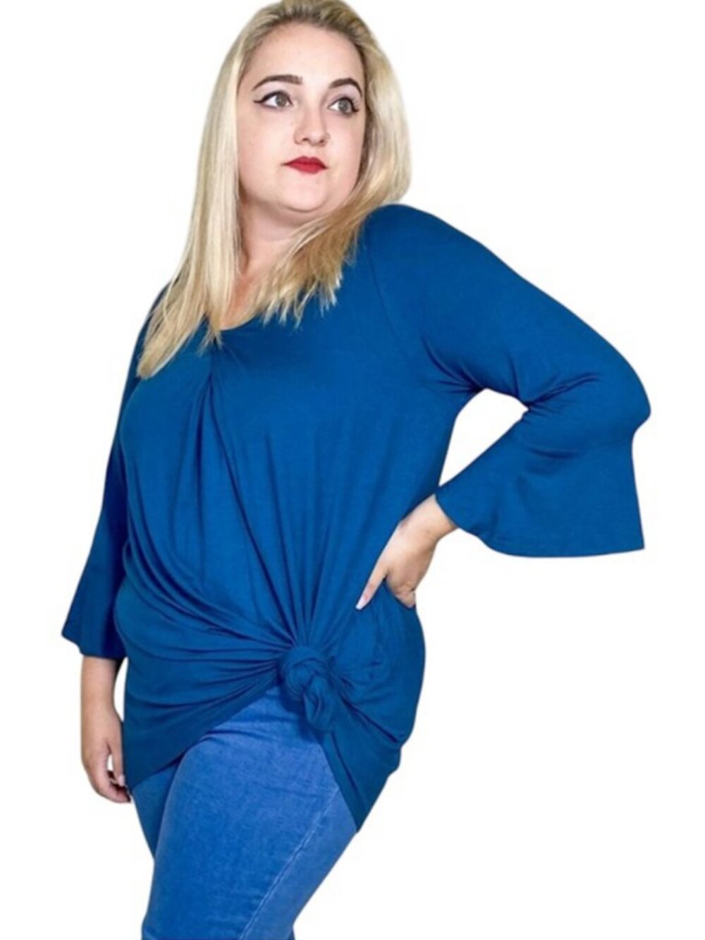 Teal Blue V Neck Tunic with Bell Sleeves Plus Size
